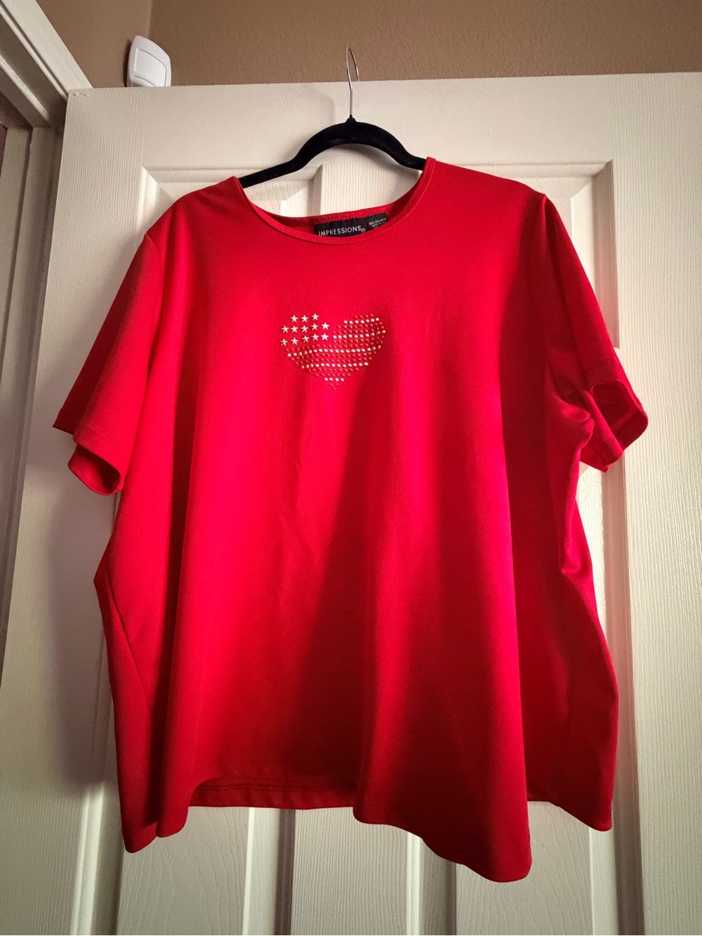 Impressions Red Short Sleeve Tee with Rhinestone Heart Accent